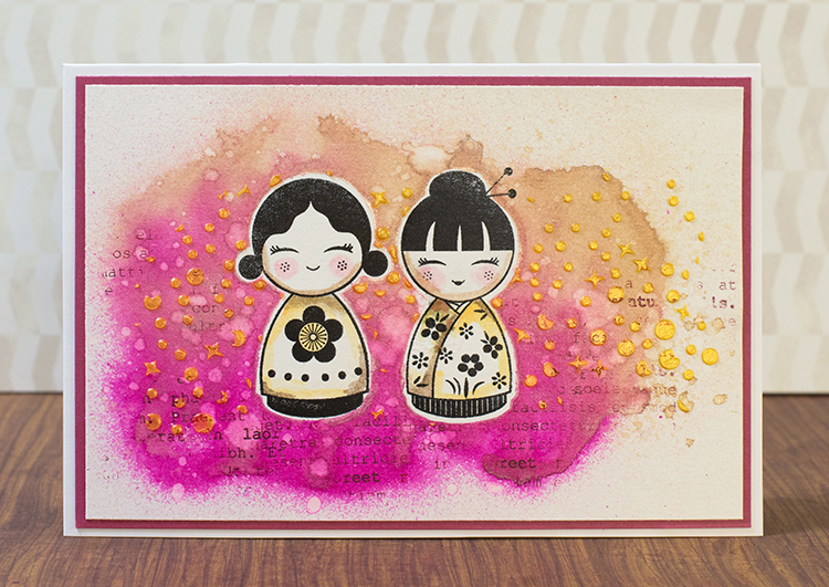 Handmade card by Elina Stromberg featuring doll images and a background made with Creative Medium and Fireworks Shimmery Craft Spray.