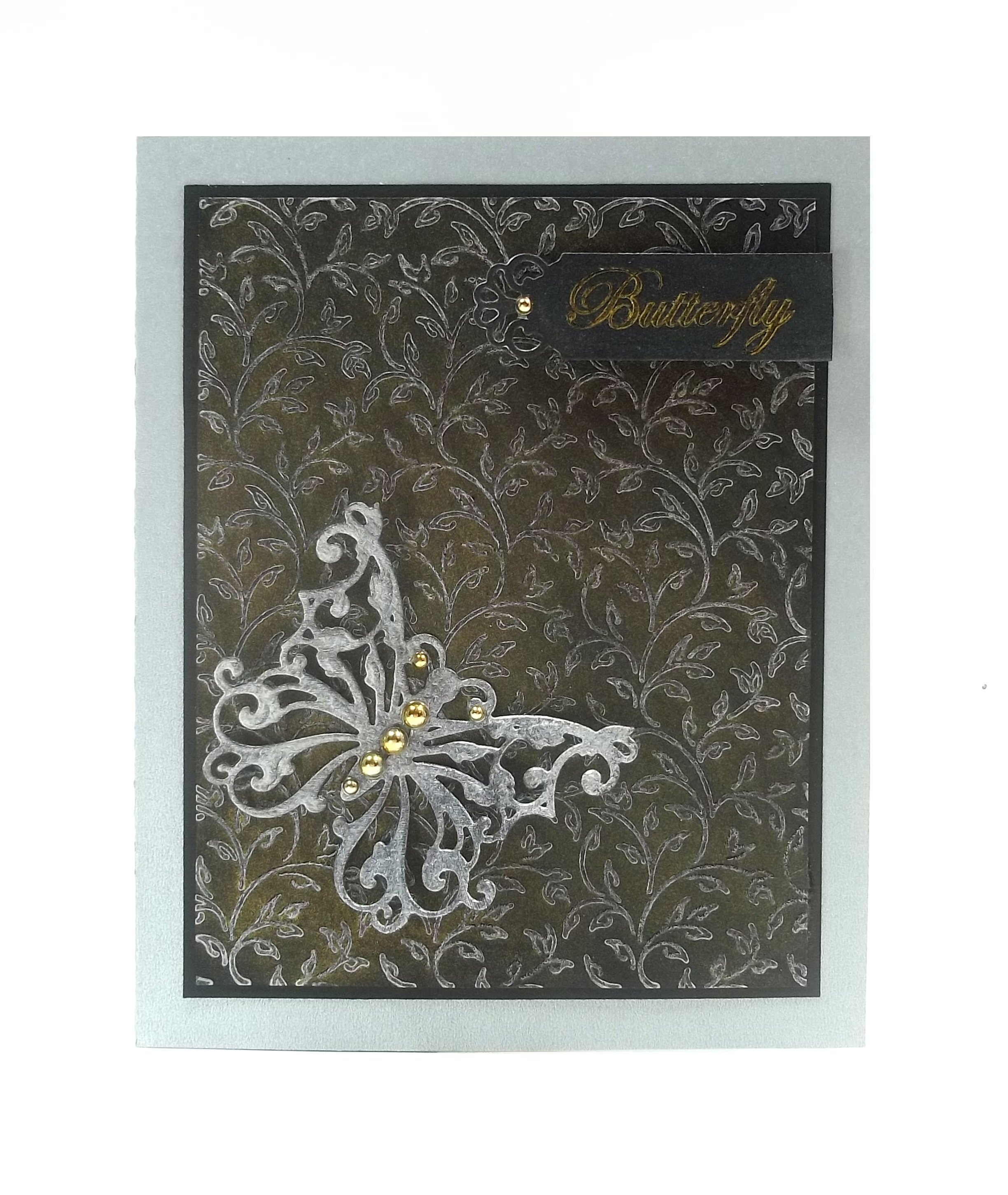 Silver Delicata Butterfly on Black Greeting Card