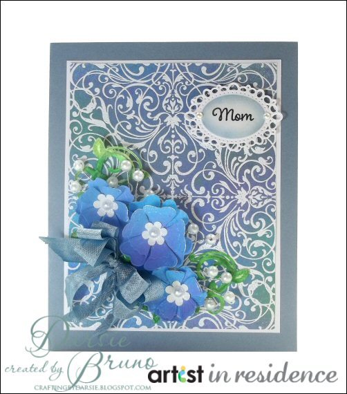 For Mom - Ornate Navy Blue Card with Paper Flowers