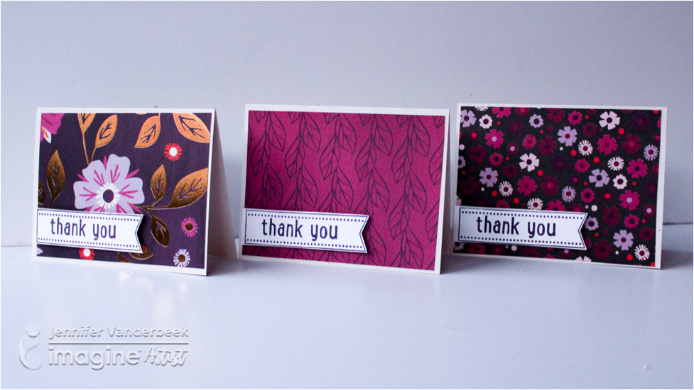 Three unique handmade thank you cards in purples and magentas by Jennifer Vanderbeek.