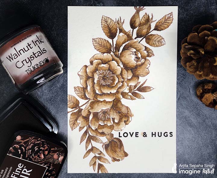 Beautiful brown hues on a homemade card acheived by watercoloring with Walnut Ink Crystals.