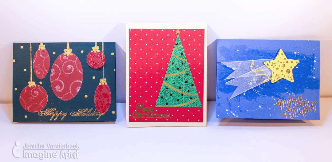 Handmade christmas cards made using simple shapes cut out and adding fun decorations to complete the looks.