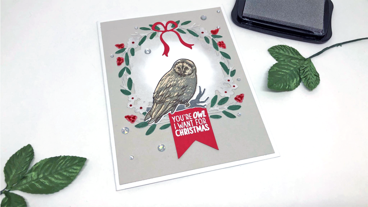 Handmade Christmas card featuring an Owl in a wreath.