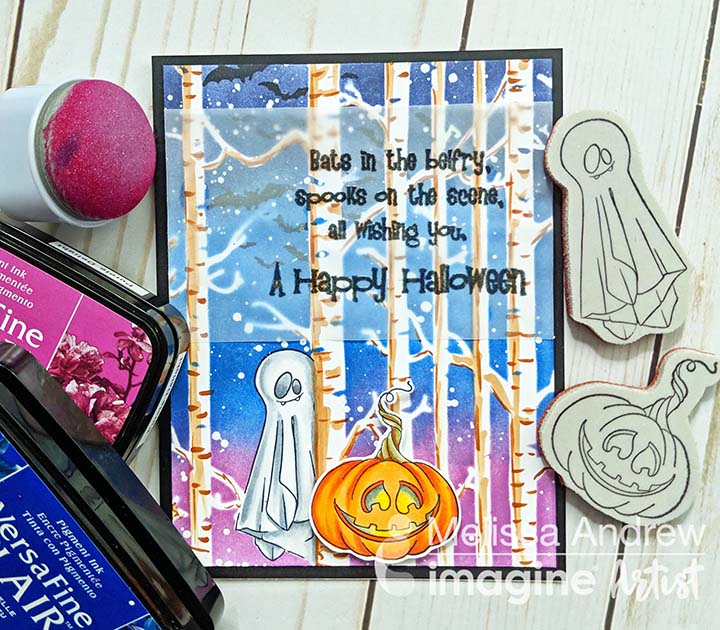 Handmade Halloween card featuring a blended night sky and forest made with VersaFine Clair inks.