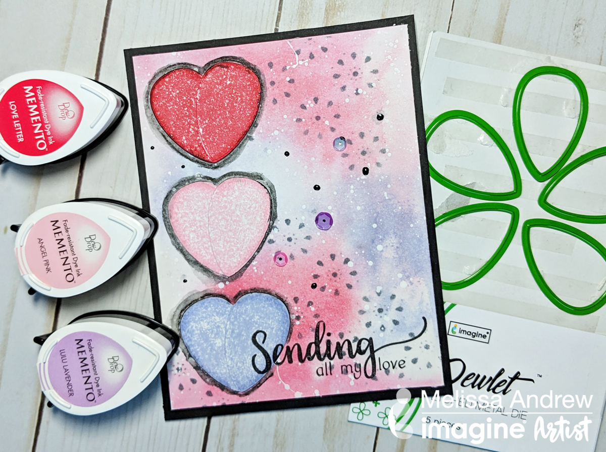 Handmade Valentine card featuring pastel colored hearts created with Dewlet die cuts and Memento inks.