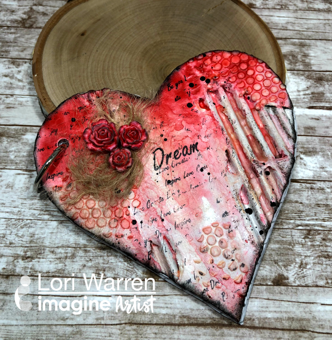 Handmade grungy mixed media heart shaped red journal