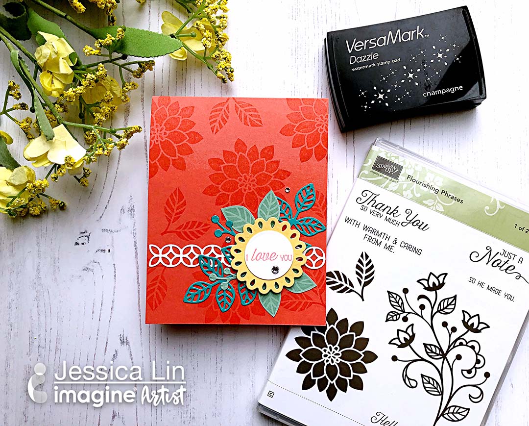 Handmade card featuring floral images including tone on tone stamping done with VersaMark Dazzle ink.