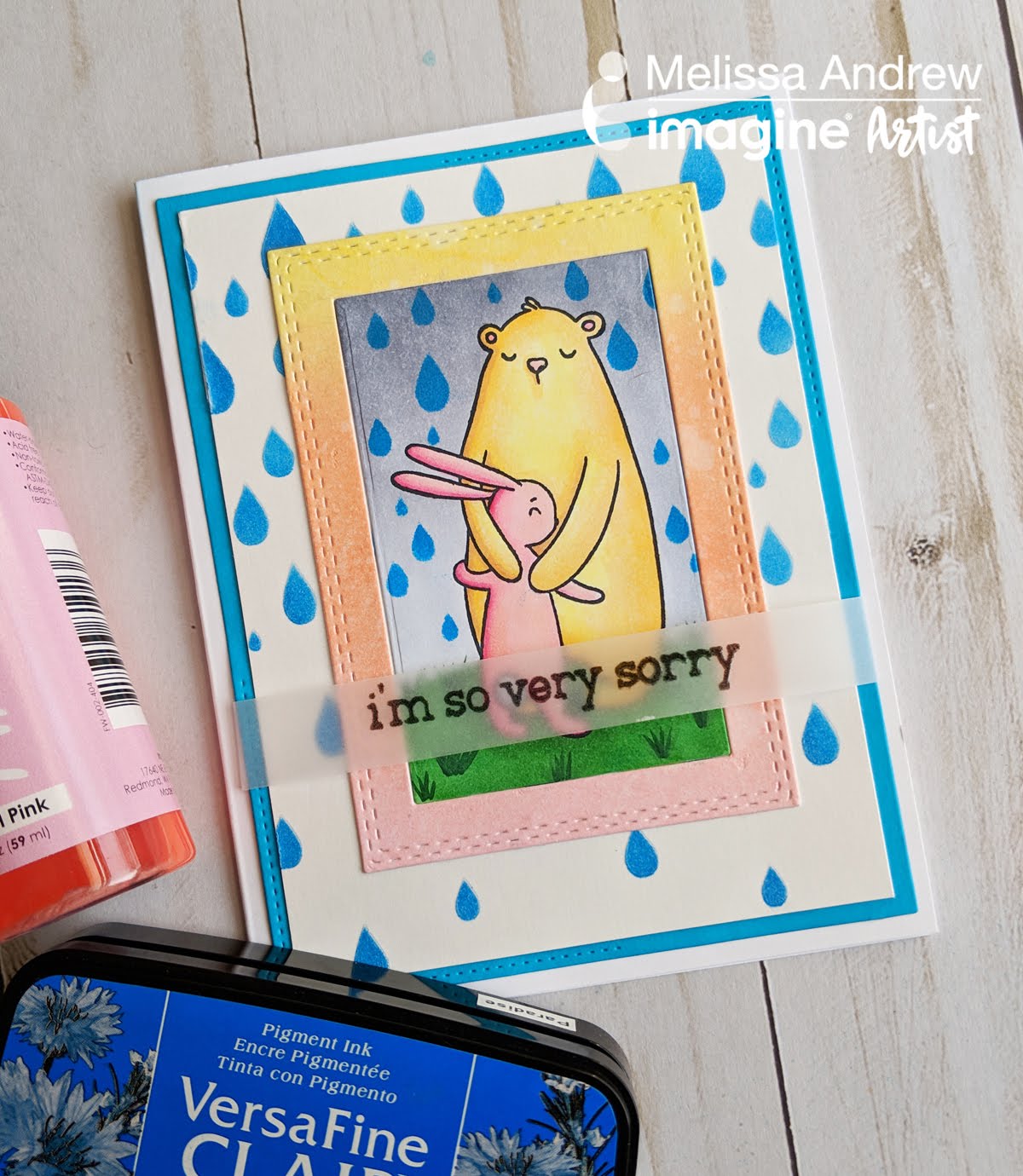 Handmade sympathy card featuring stenciled raindrops using VersaFine Clair and a hugging bear and bunny image colored with Copic Markers