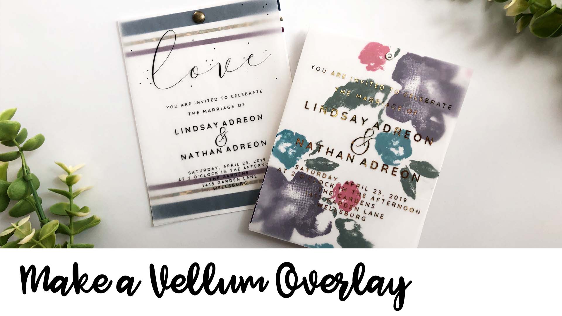 Handmade wedding invitaitons featuring a vellum overlay and several designs.