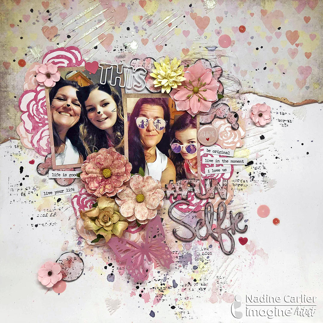 Selfie themed scrapbook layout with a hand-built mixed media background