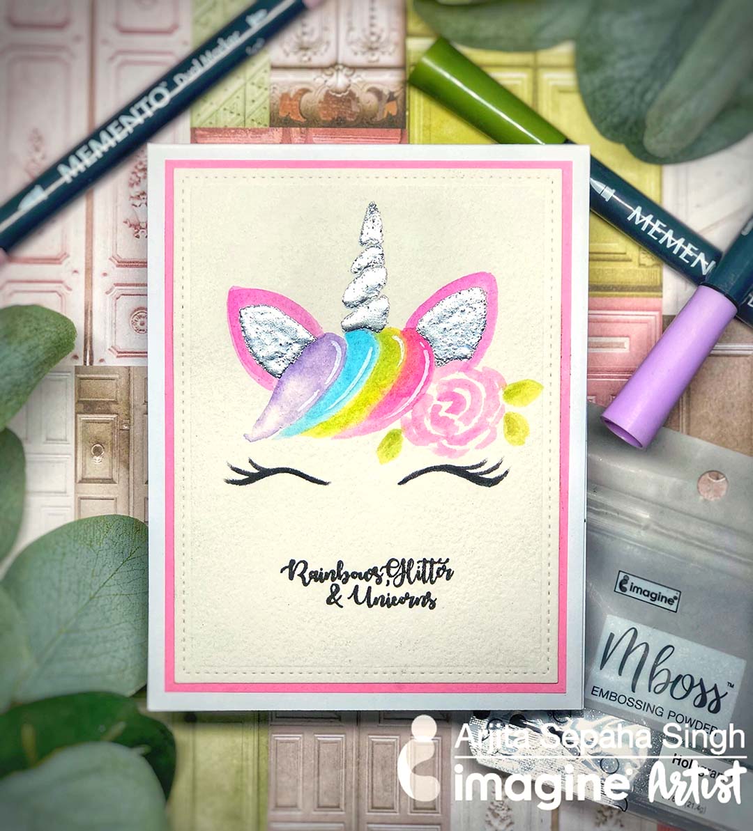 Handdrawn and painted unicorn image on a cute card for birthdays, showers or other greetings.