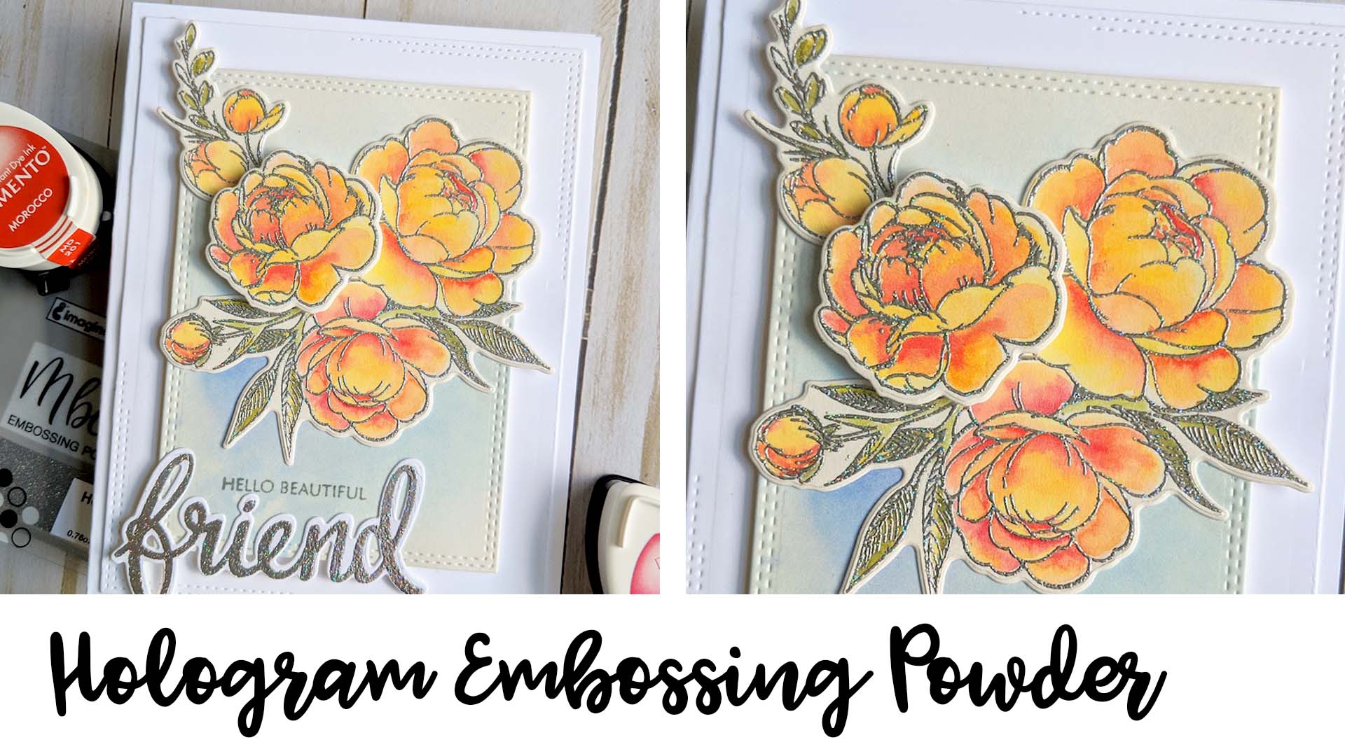 Handmade floral card featuring a holographic outline made with Mboss embossing powder