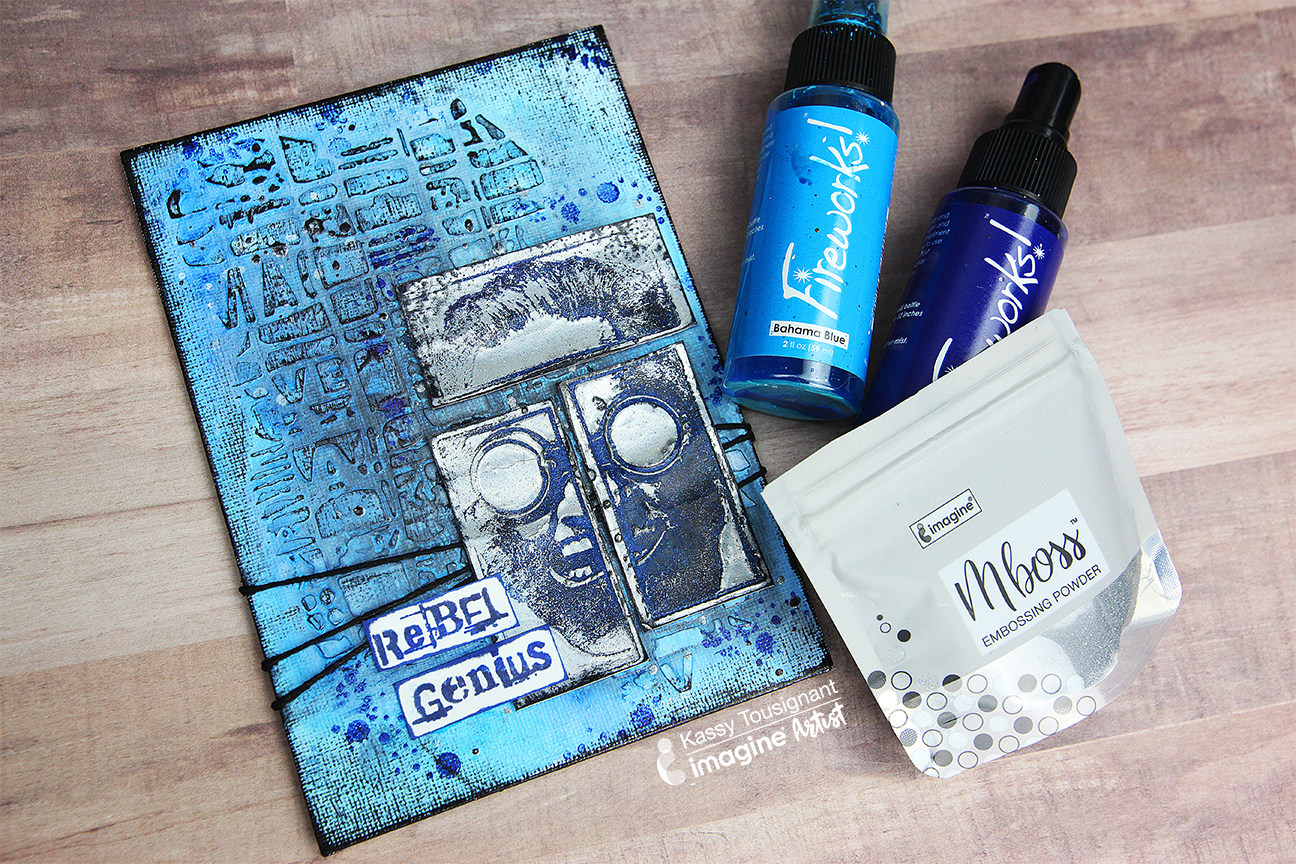 Blue mixed media canvas with embossed elements and the words 
