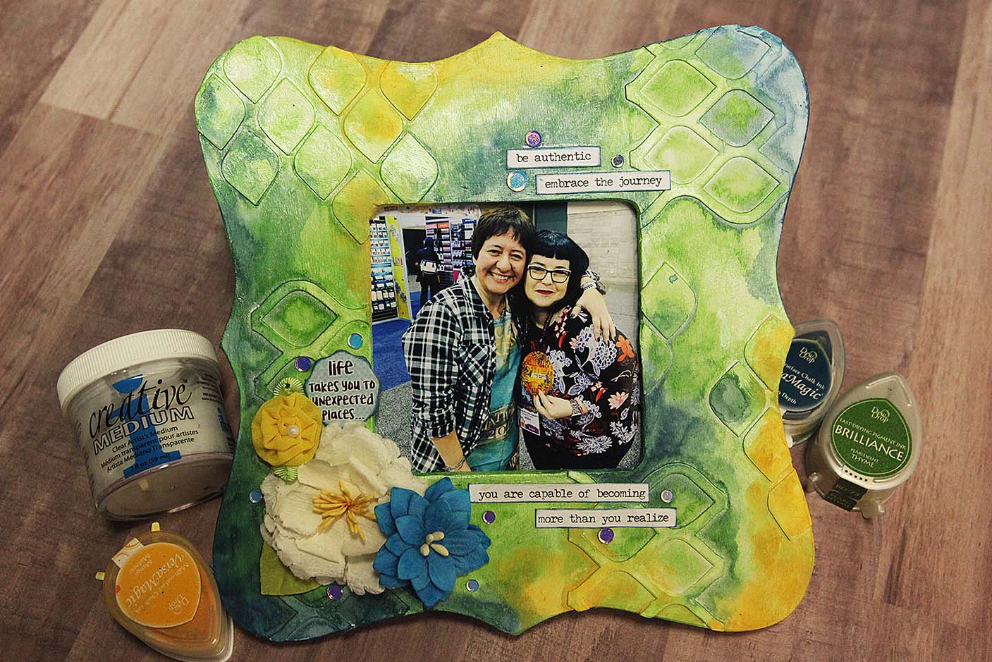 Hand decorated photo frame featuring texture, mixed media techniques and VersaMagic ink.