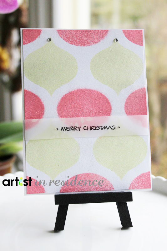 Handmade Christmas card featuring stenciled ornament shapes made using Fireworks Shimmery Craft Spray