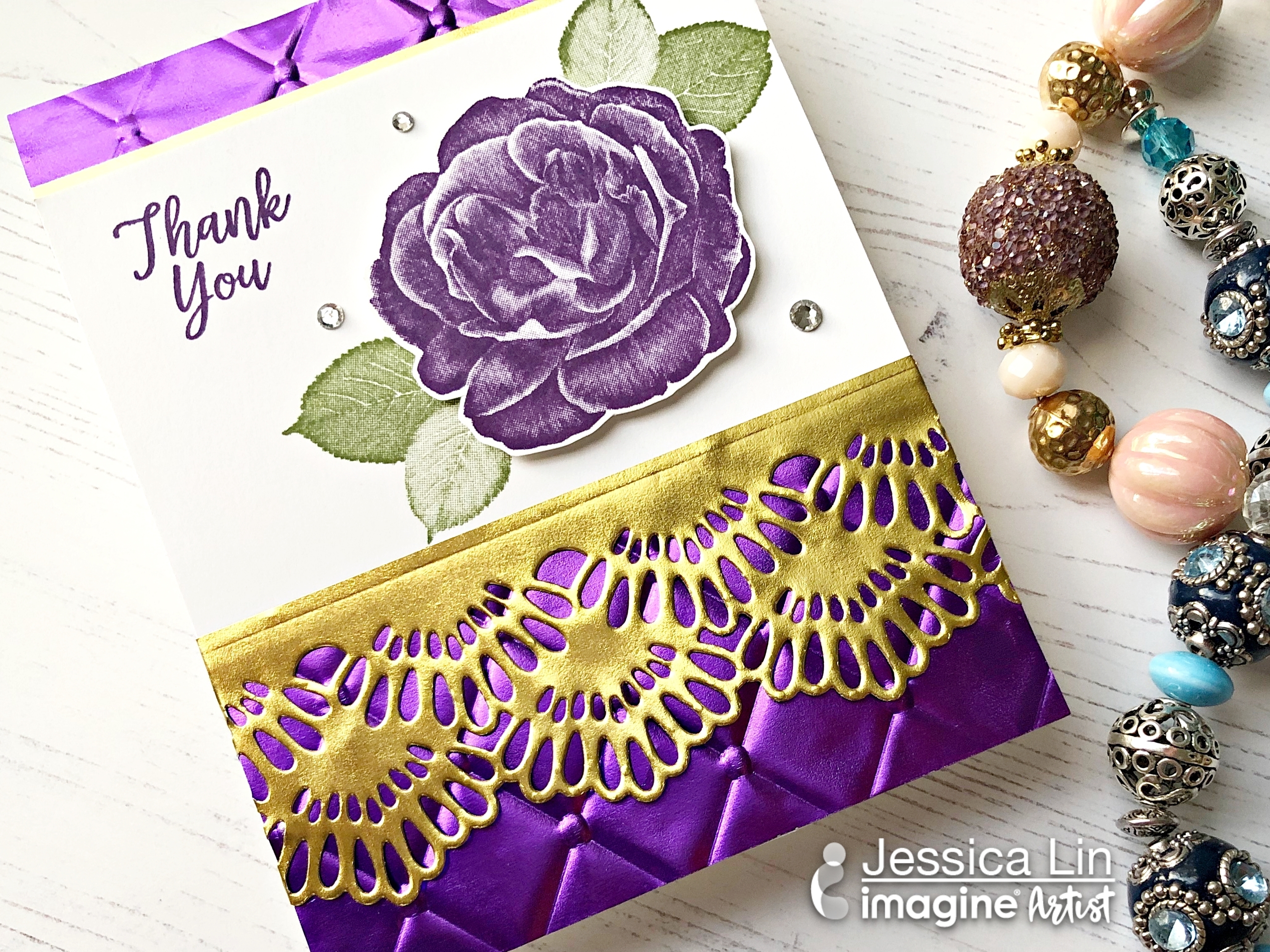 Embossed Gold and Purple Foil Paper Border Thank You Card