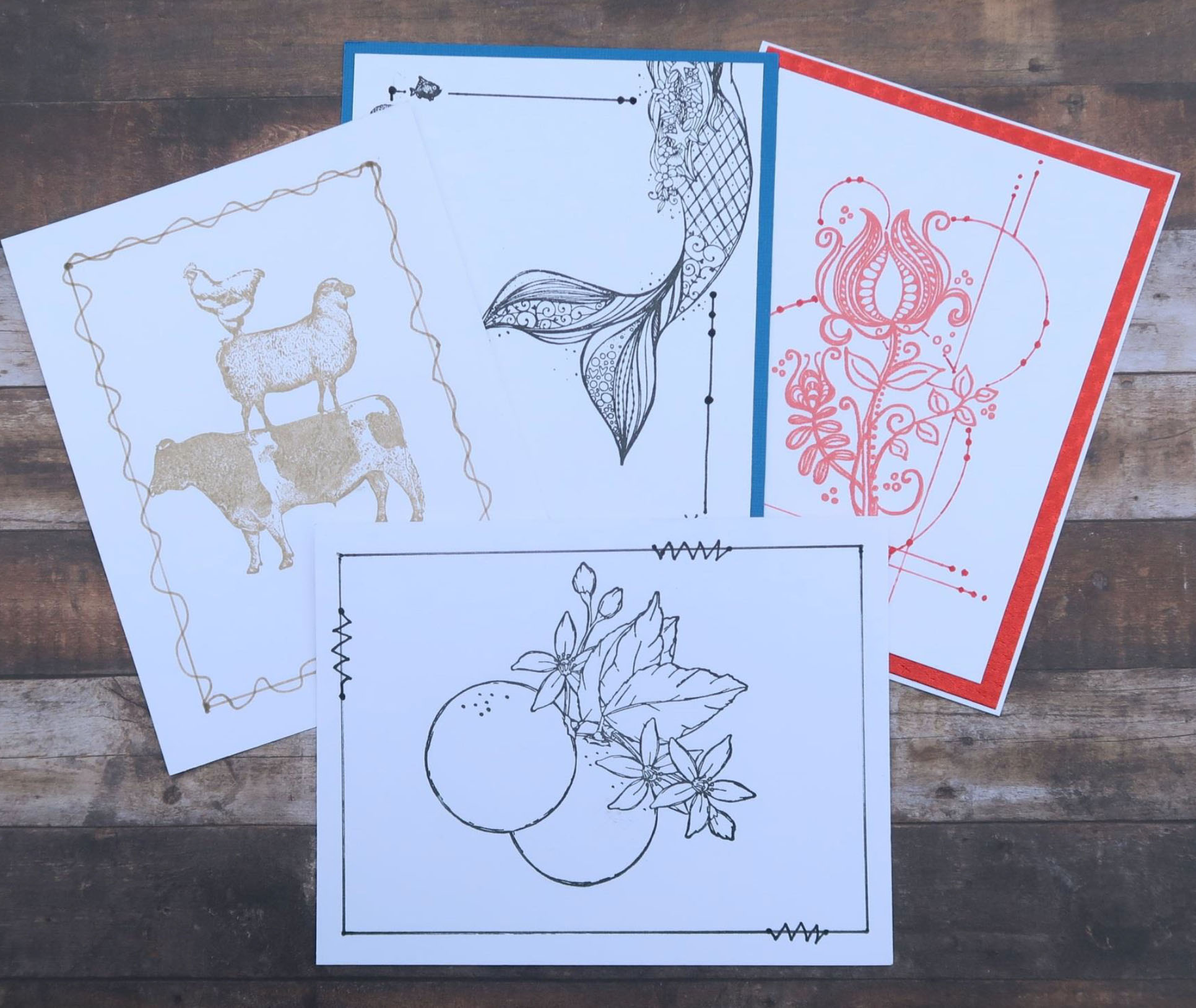 Greeting Cards made with a single stamp, a single ink pad, a pen and a straight edge.