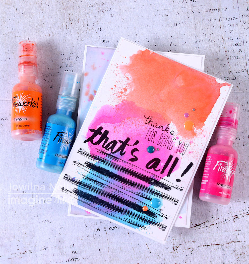 Today, I am sharing two quick ways of using your Fireworks Shimmery Craft Sprays to create fun and vibrant backgrounds. These spray inks can be used on cards or even in your art journals, decorative tags, and more. 